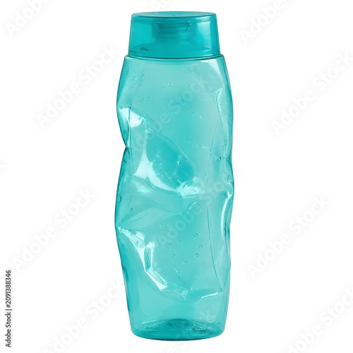 A squeezed turquoise cosmetic bottle containing clear gel, isolated on a white background.