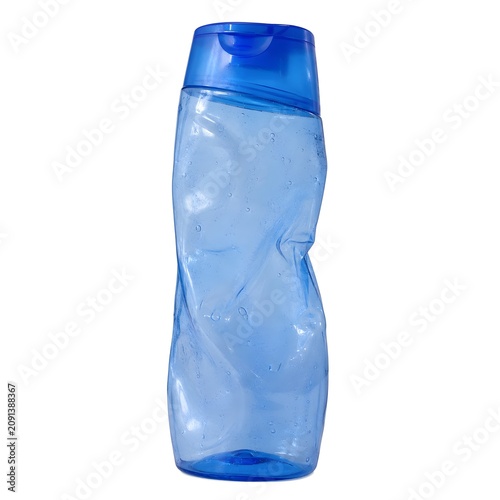 A squeezed blue cosmetic bottle filled with clear transparent gel, isolated on white background.
