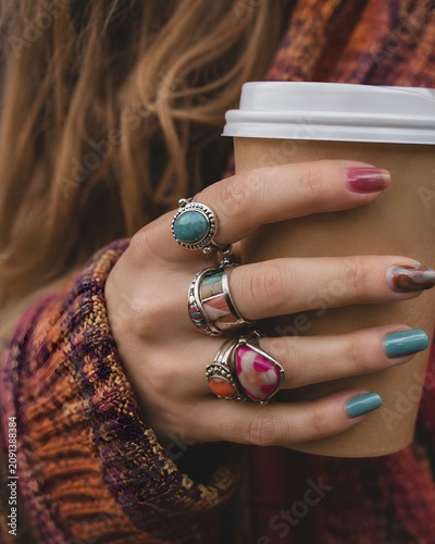 A woman's hand adorned with multiple gemstone rings, holding a disposable coffee cup in a cozy setting.