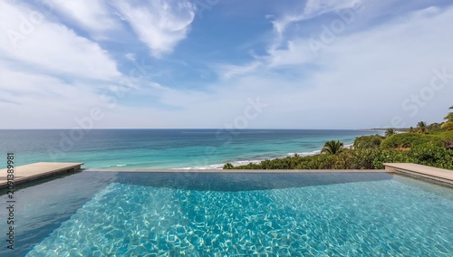 Infinity Pool Overlooks Beach and Ocean Under Blue Sky on a Sunny Day