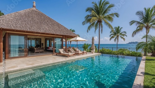 Luxury Villa Near the Beach With a Pool and Palm Trees on a Sunny Day