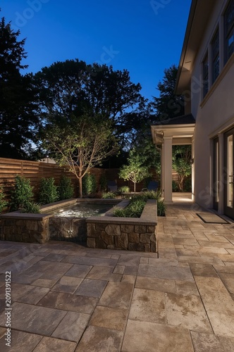 Outside Area With Water Feature and Plants at Night Near a House