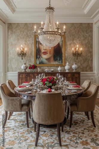 Elegant Event Space With Floral Arrangements and Chandeliers Set for a Specia...