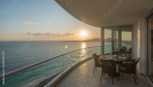 Sunset View From a Balcony Overlooking the Ocean and Hills in a Tropical Loca...