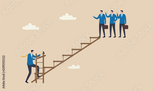 Photos improv achievement overcome challenge concept, businessman build ladder of succe