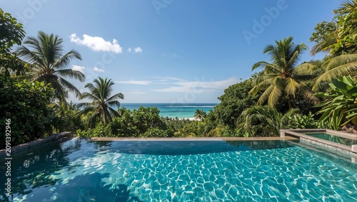 Relaxing by the Pool With Ocean View and Palm Trees in the Background on a Su...