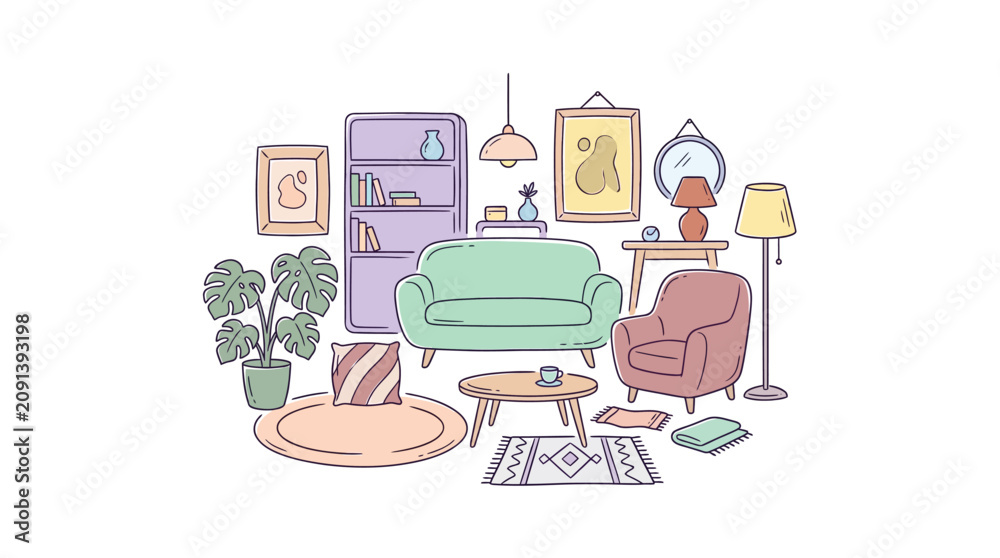 Fototapeta premium Hand drawn doodle illustration of a cozy living room interior set.