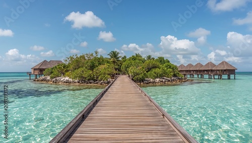 Tropical Island Retreat With Wooden Walkway and Water Villas Under Blue Sky