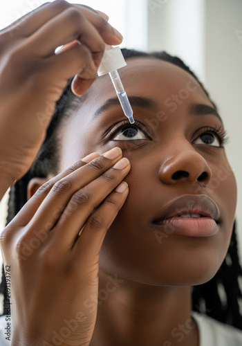 Young Woman Self-Applying Eye Drops, Professional and Natural Editorial Photography, Healthcare Focus