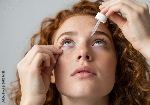 Self-Care in Action: Woman Using Eye Drops, Subtle Discomfort, Clean and Trustworthy Health Editorial Image