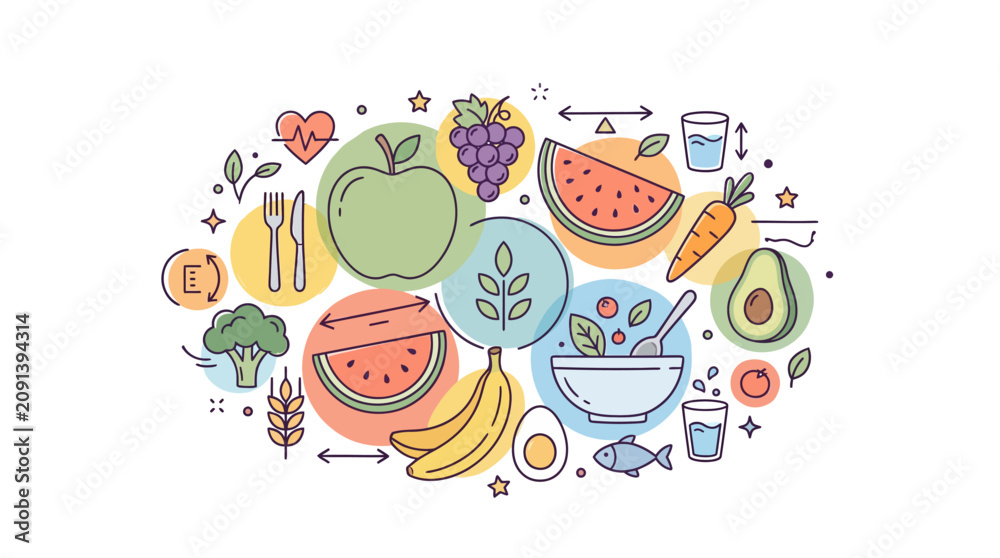 Fototapeta premium Healthy eating and lifestyle concept illustration with various fresh food icons.