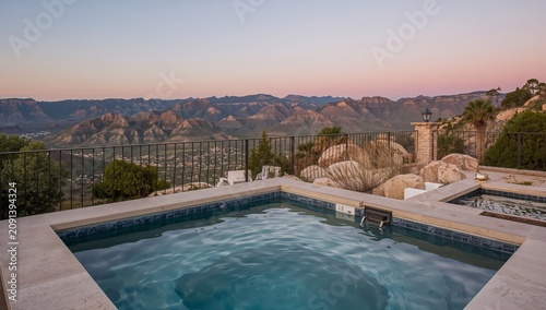 Beautiful Sunset Over Mountain View From a Hot Tub in a Backyard Near the City