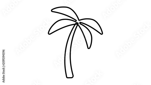 Simple palm tree vector icon in thin black outline, minimalist tropical beach illustration with bending trunk and open fronds for summer travel, resort signage, island logos, and coastal decor