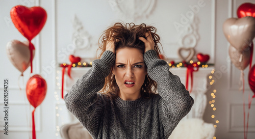 Humorous Emotional Portrait of Woman Tugging Her Hair, Dramatic Eye Roll, Soft Romantic Background Blur