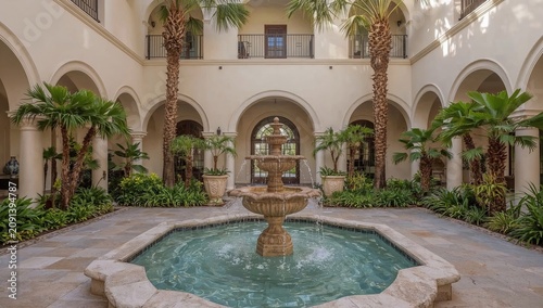Fountain Located in a Courtyard Surrounded by Palm Trees and Arches at a Larg...