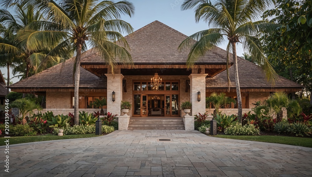 Fototapeta premium Modern Tropical House With Palm Trees in Sunny Location