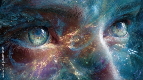 A close-up illustration of a person's eyes with a vibrant, cosmic background