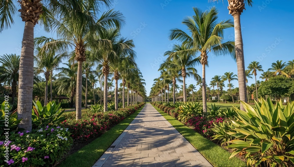 Fototapeta premium Palm Trees Line a Walkway in a Garden Under a Blue Sky With Few Clouds in the Daytime