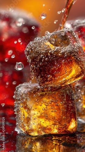 Golden liquid pours over stacked ice cubes on reflective surface with water droplets