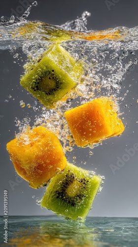 Fresh kiwi and orange cubes splash into clear water with droplets.