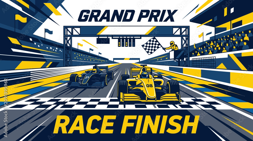 Obraz premium Grand Prix Finish Line Victory With Championship Cars And Cheering Crowd