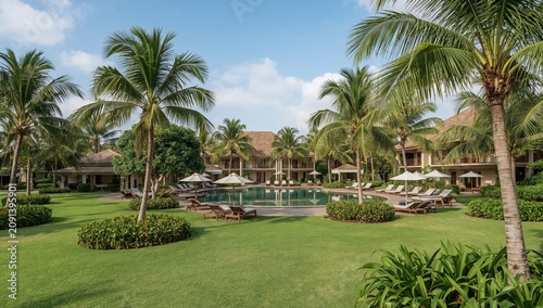 Luxury Hotel With Pool and Palm Trees at Dusk in a Tropical Location
