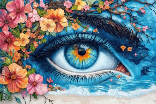 Close-up painted blue eye with long eyelashes, surrounded by colorful flowers and tree branches on textured blue face art background.