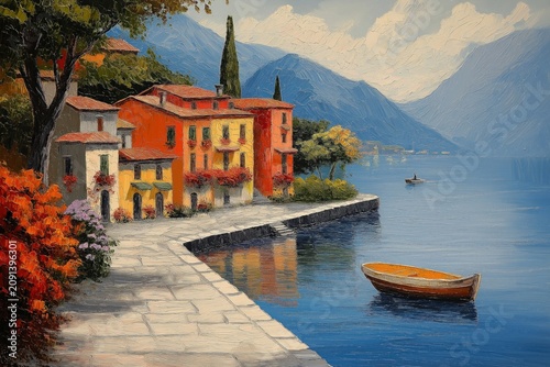 Colorful houses line a stone lakeside walkway beside calm water, with a small rowboat in the foreground and mountains in the background.
