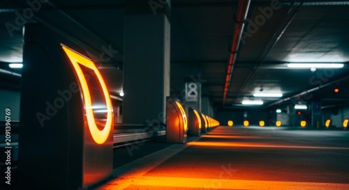 Futuristic parking sensors with orange glow in dark underground garage, illuminated bay layout