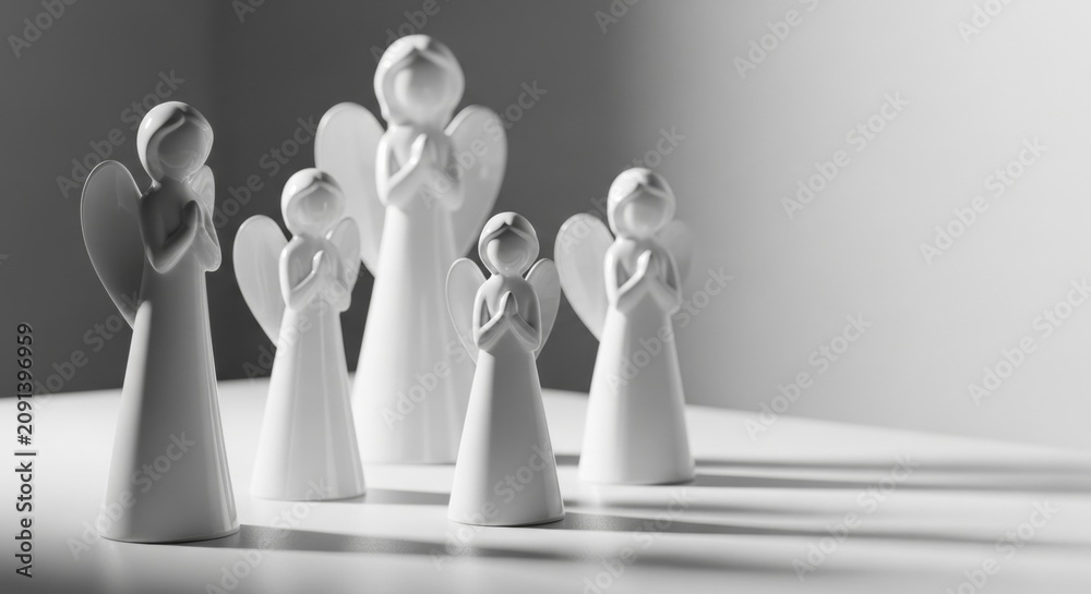 Obraz premium Minimalist white ceramic angel figurines praying on a clean tabletop, soft light, elegant home decor with copy space