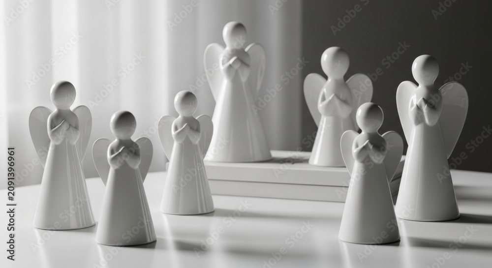 Obraz premium Minimalist white ceramic angel figurines arranged on a table, invoking peace and serenity for subtle home decor.