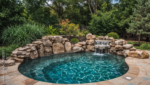 Pool Area With Rocks and Waterfall Surrounded by Greenery in an Outdoor Setting