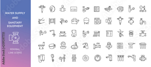 Water supply line icons set, sanitary equipment, bathroom and kitchen fixtures outline collection