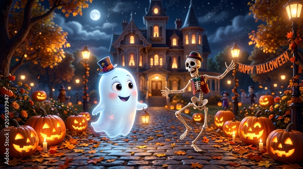 Obraz premium Whimsical halloween scene with ghost and skeleton dancing