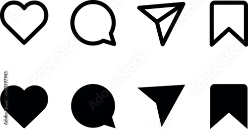 Set of social media interface icons including heart like bubble comment paper plane share and save