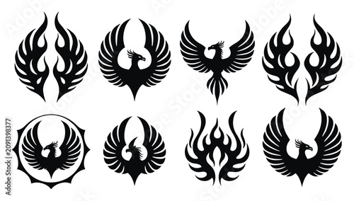 Canvastavla Collection of phoenix bird symbols and fire wing emblems in black silhouette sty