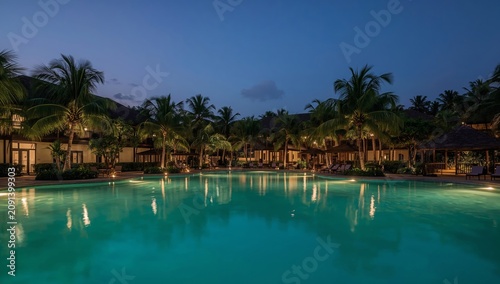 Relaxing Evening by the Pool at a Resort With Palm Trees and Lights Around th...
