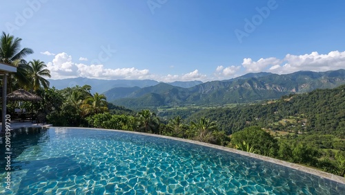View of Mountains and Valley From Pool on Sunny Day in a Tropical Location