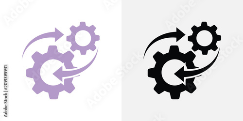 Photos Two gear with rotating arrows, one in light purple and one in black, representin