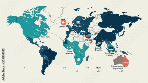 Global Remote Team Time Zone World Map Vector Collaboration Graphic