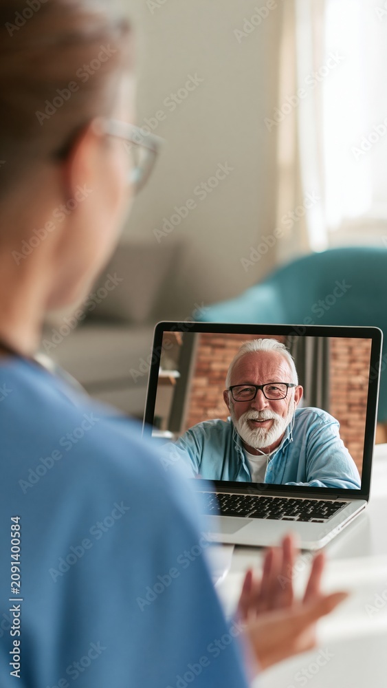 Fototapeta premium Elderly man video chatting on laptop during remote consultation