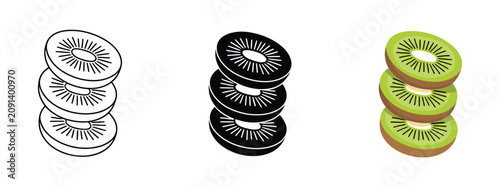 Photos Kiwi fruit slices featuring stacked fresh cross sections for organic fruit branding, grocery products, healthy lifestyle, and clean vector illustration