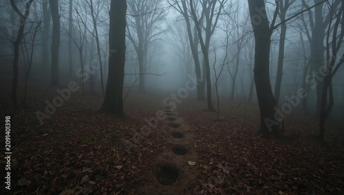 Misty Path Through Dark Trees in a Forest on a Foggy Day