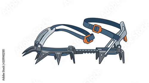 Bild auf Leinwand Climbers use crampons with orange buckles on a snowy mountain slope