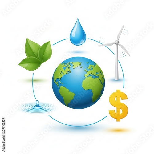 Earth with water drop, leaf, wind turbine, and dollar sign icons
