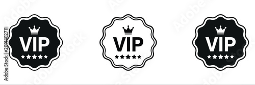 VIP badge icons featuring premium membership symbols with crown, silver emblem, star outline, exclusive access label, and professional vector illustration.