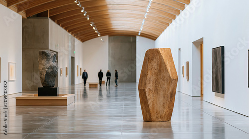 Modern art gallery interior with sculptures and visitors, cultural institution and art display concept, with copy space
