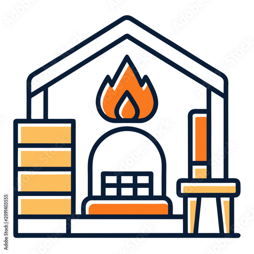 Tablou pe pânză Glassblowing studio with furnace and molten fire icon