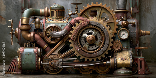 steampunk mechanism with surreal metallic gearwork, intricate industrial clockwork in abstract retrofuturistic design, unique victorian inspired mechanical gears with creative metal textures