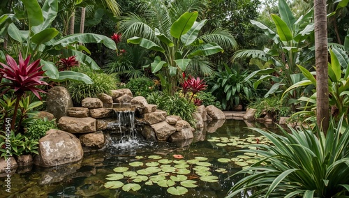 A Garden With Plants and Rocks Near a Small Pond With Lily Pads in a Natural ...